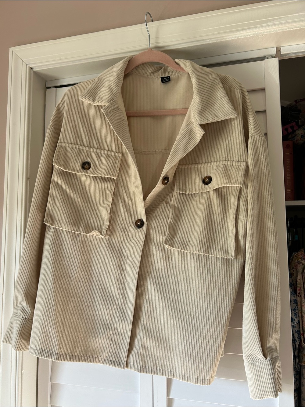 SHEIN Cream Corduroy Utility Shacket with Front Flap Pockets